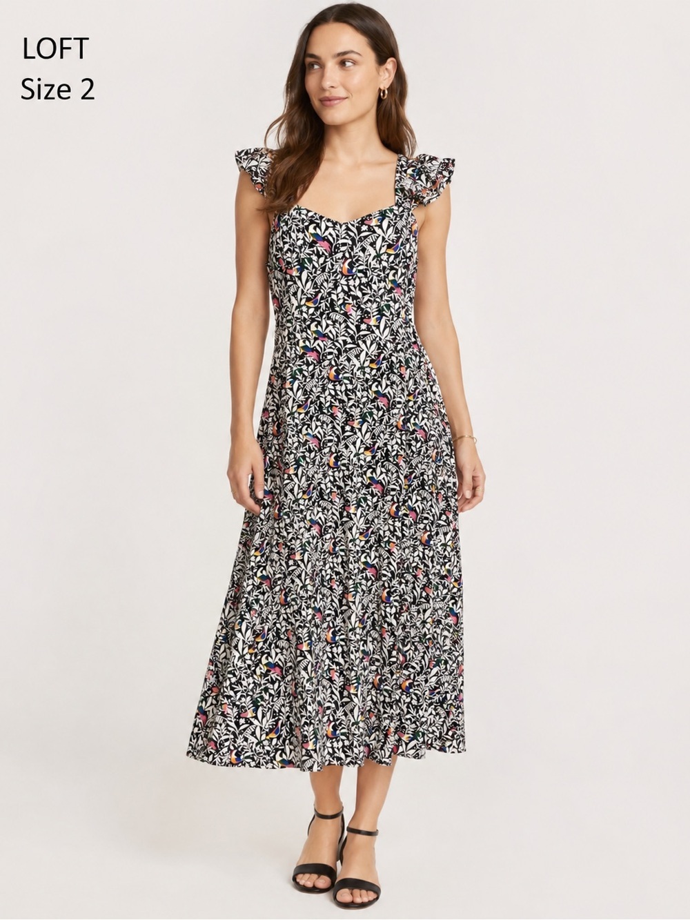 LOFT Floral Bird Print Maxi Dress Size 2 Black White Sleeveless Midi Dress